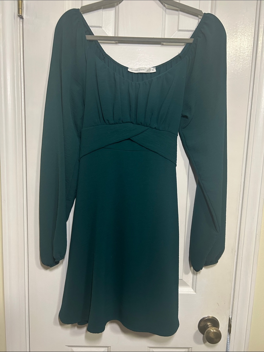 Altar’d State, Elegant Forest Green Long-Sleeve Mini Dress, Size M